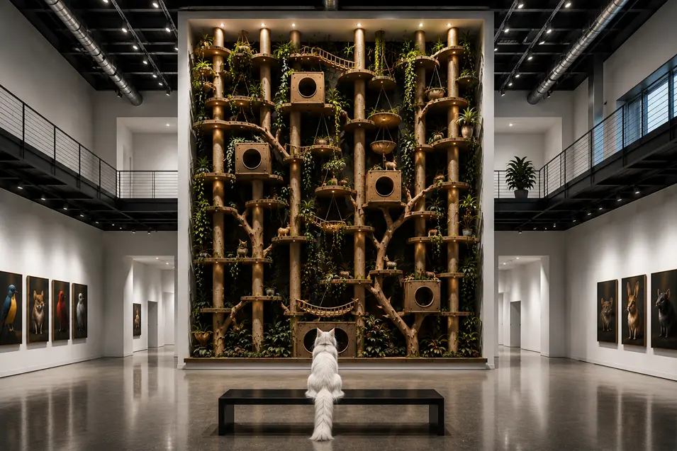 Bright industrial gallery with a towering luxury cat tree, a white Maine Coon on a black bench, and photorealistic animal portraits in a stunning double-height space.