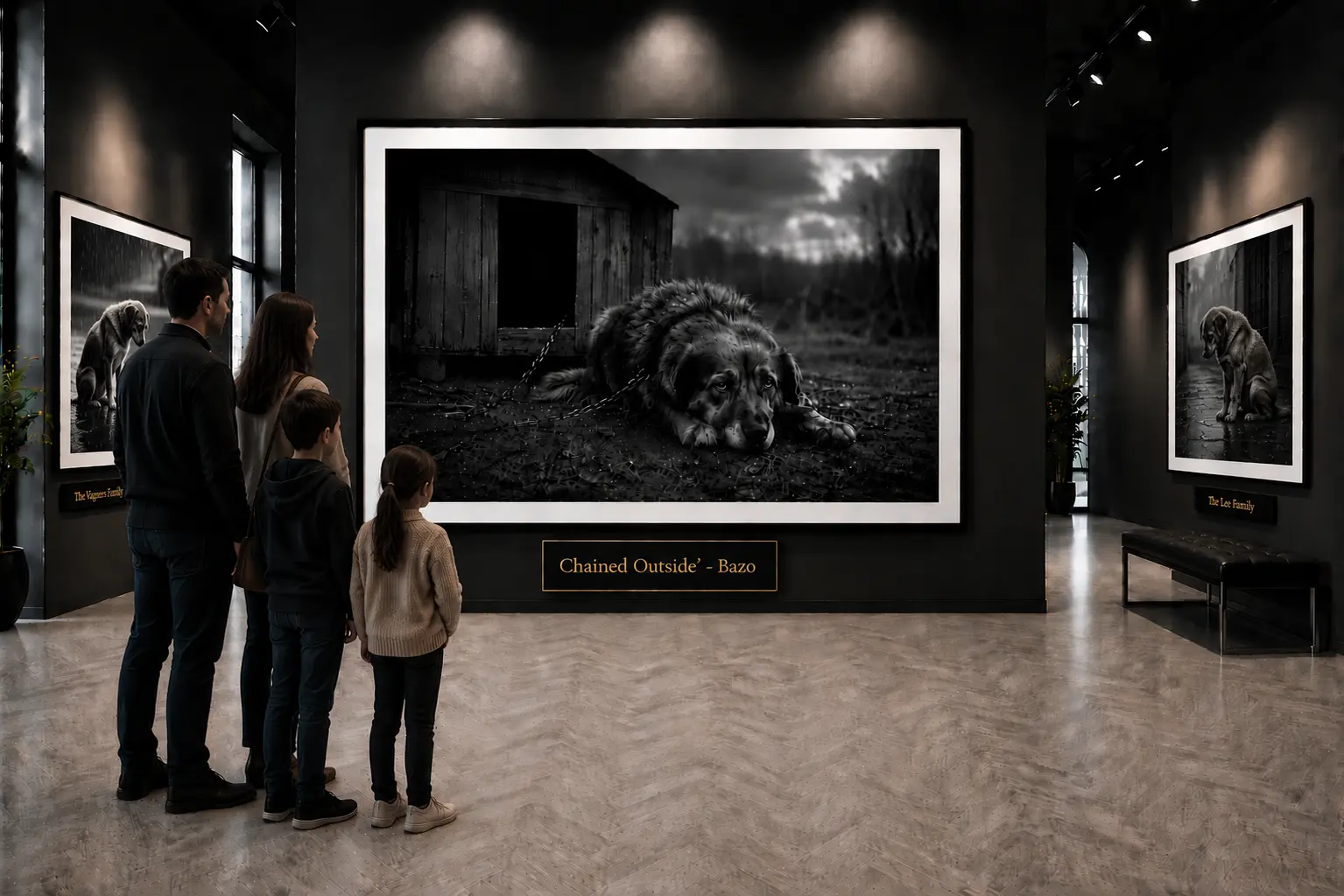 A family stands in a gallery, viewing a powerful portrait of a chained dog outside a shed, highlighting neglect and the need for compassion.