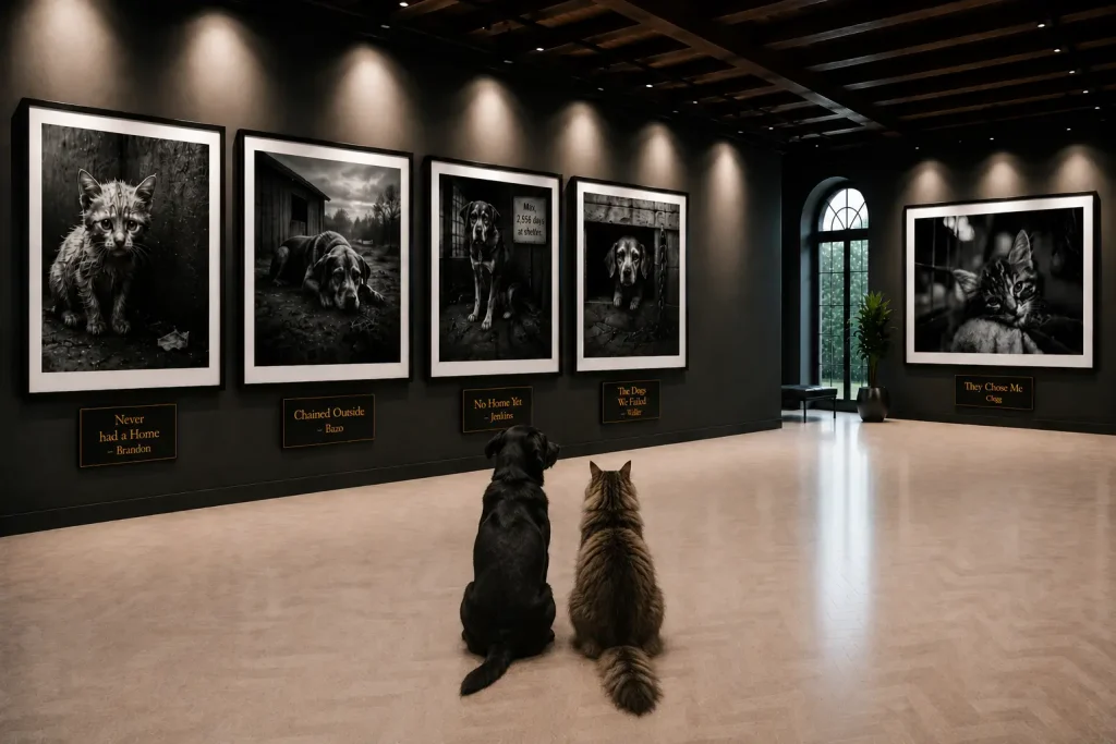 A Black Lab and Maine Coon sit in a softly lit gallery, gazing at striking animal portraits lining the dark walls.