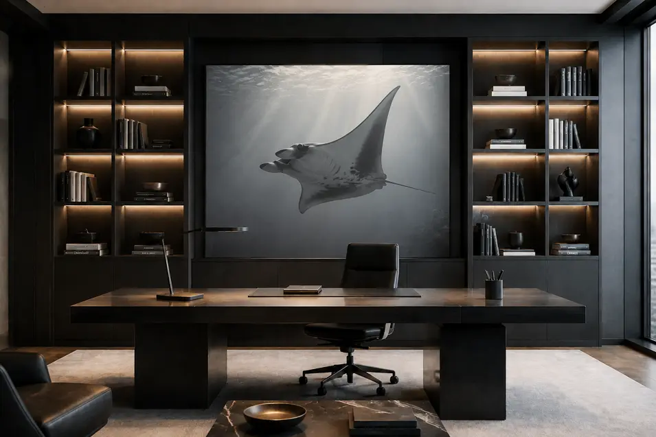 Minimalist executive office with built-in bookshelves framing a large underwater manta ray artwork, warm lighting, dark finishes, and a sleek modern desk.