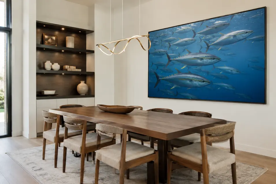 Modern luxury dining room with handcrafted furniture and an oversized photorealistic artwork of a school of yellowfin tuna swimming through deep blue ocean waters.
