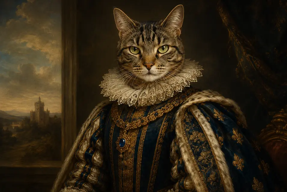 A regal tabby cat wears ornate Renaissance robes and a lace ruff, posed like nobility in a richly detailed oil painting with dramatic classical lighting.