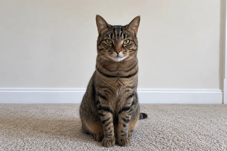A confident tabby cat sits upright on a carpet, calmly staring into the camera in a simple, naturally lit room with a clean, uncluttered background.
