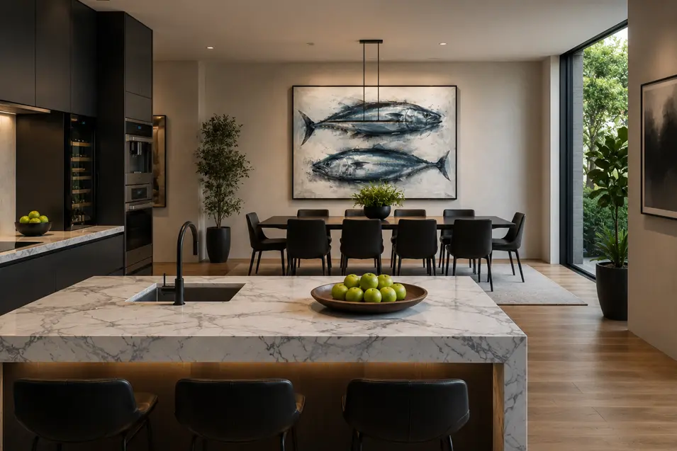 A luxury modern kitchen with a marble island facing a dining area, where a large contemporary fish artwork creates a striking focal point.