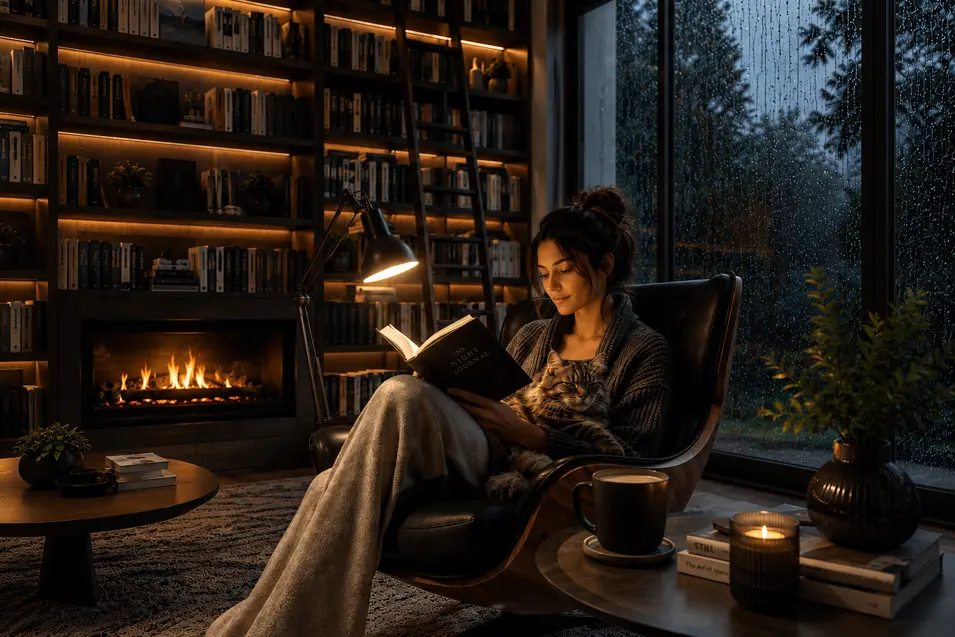 Woman reading by a lamp in a modern home library, cat on her lap, coffee nearby, fireplace glowing, floor-to-ceiling bookshelves, rain outside.
