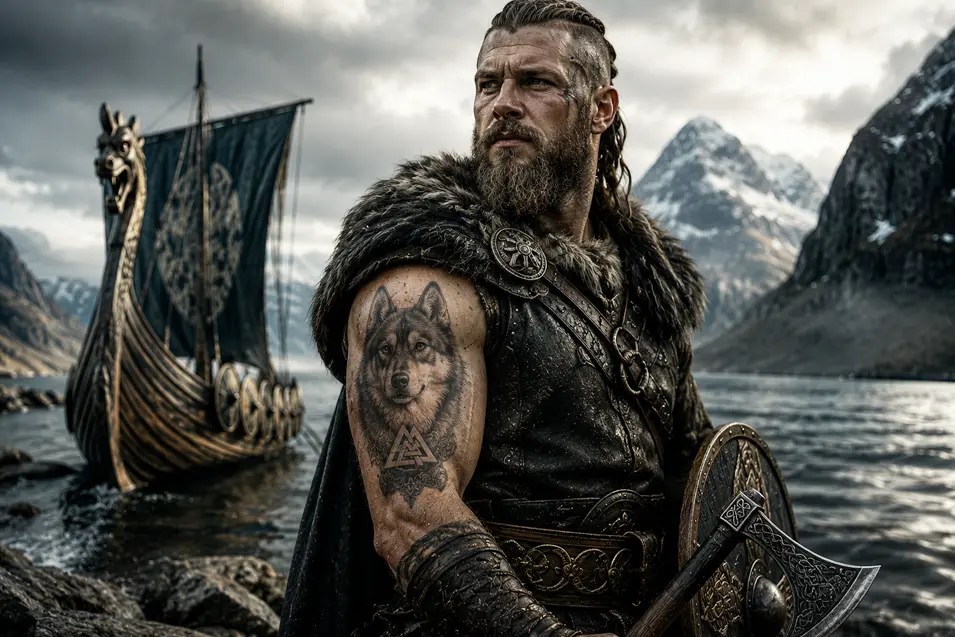 Viking warrior with a wolf-like dog tattoo stands before a longship and snowy fjords, gripping an axe beneath dramatic Nordic skies.