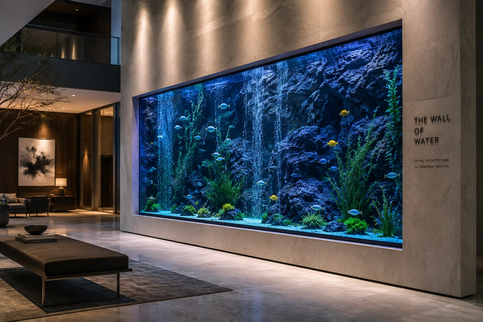 A wall-integrated aquarium transforms architecture into living art, creating a seamless, gallery-inspired display of motion, light, and aquatic life.