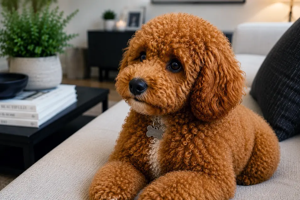 Curly-haired puppy relaxing on a modern beige sofa, looking attentively toward the camera in a cozy living room with warm lighting and contemporary décor.