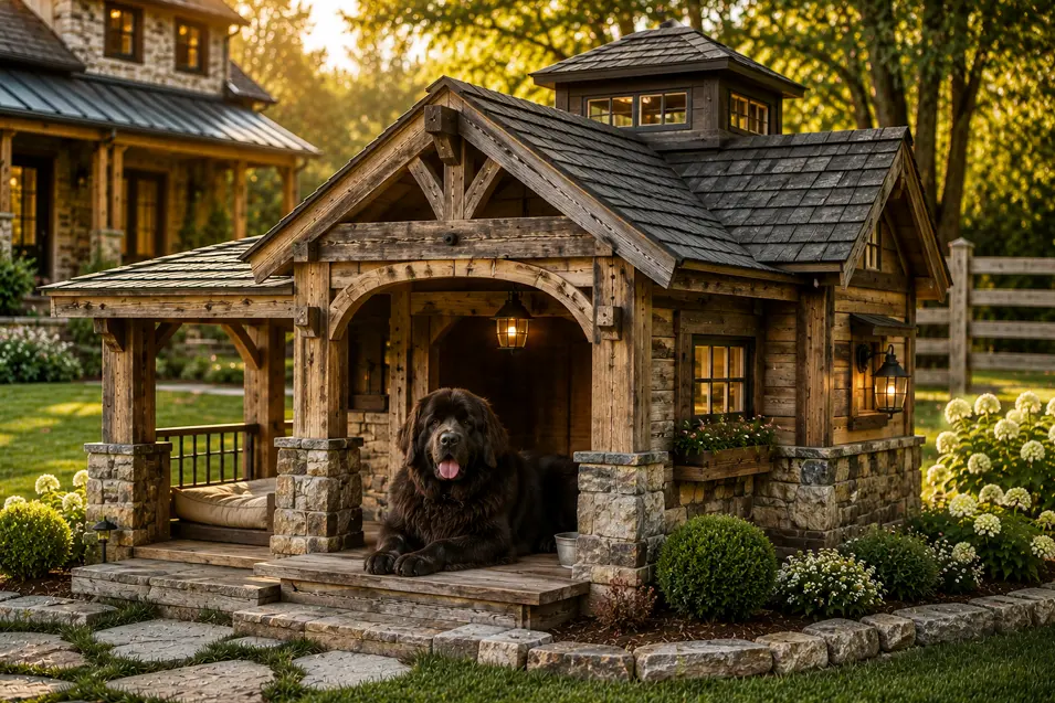 Rustic farmhouse dog house with a majestic Newfoundland, timber beams, stone accents, wraparound porch, and warm cabin-style charm at golden hour.