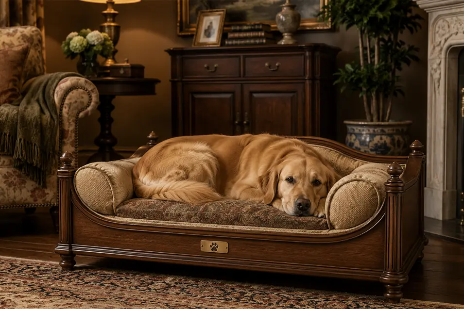 Traditional handcrafted wooden dog bed with plush upholstered cushions in a classic living room, where a Golden Retriever rests in timeless comfort.