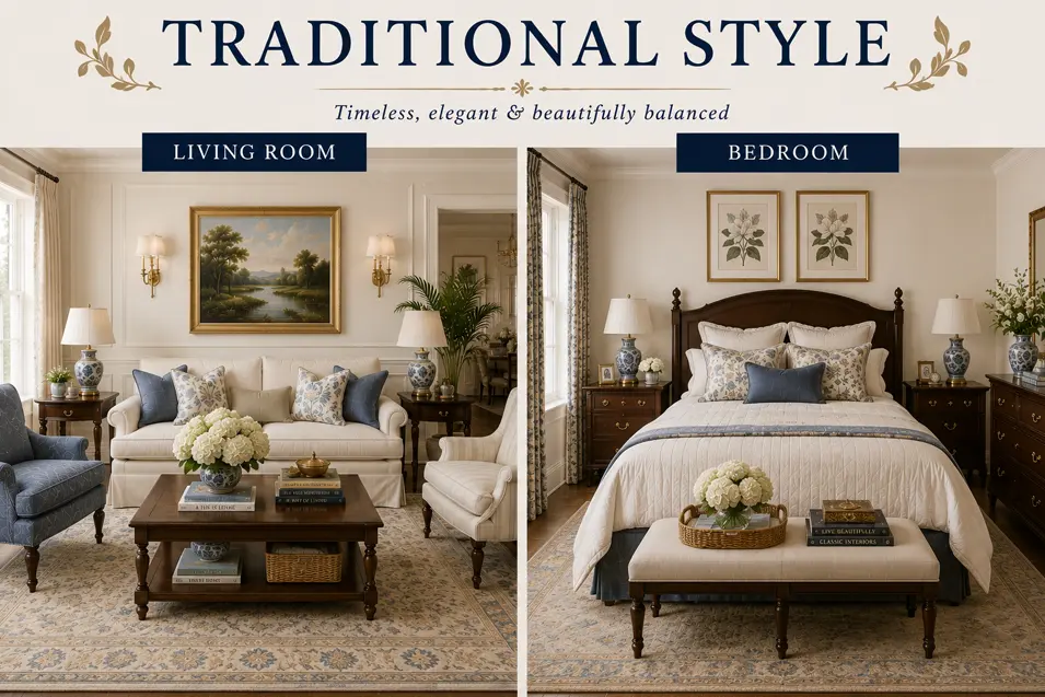 Traditional style interior showcase featuring an elegant living room and bedroom with classic furnishings, rich wood tones, refined details and timeless comfort.