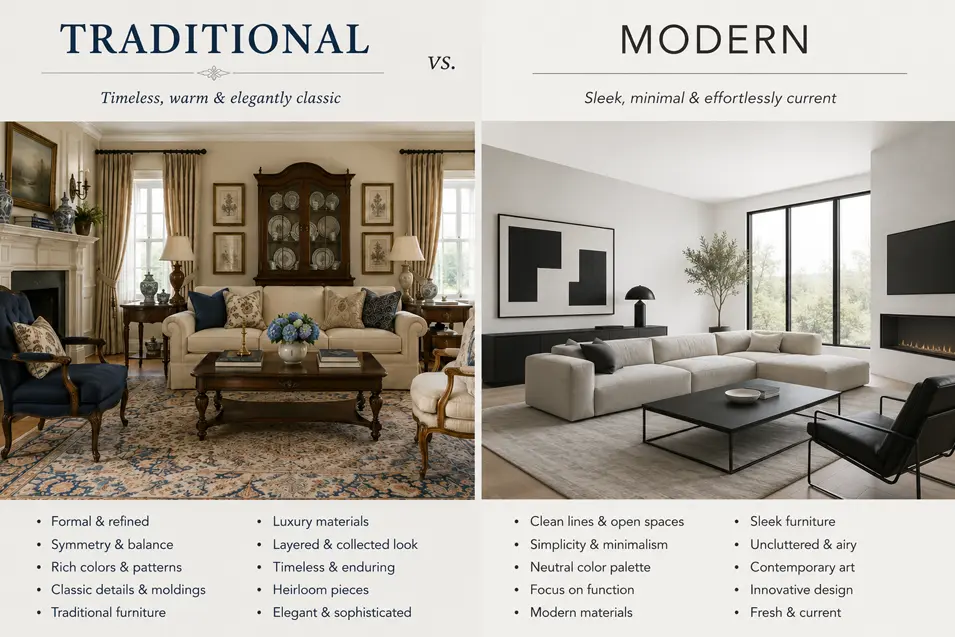 Traditional vs. Modern interior design comparison showing a warm, ornate living room beside a sleek, minimalist space with key style characteristics listed below.