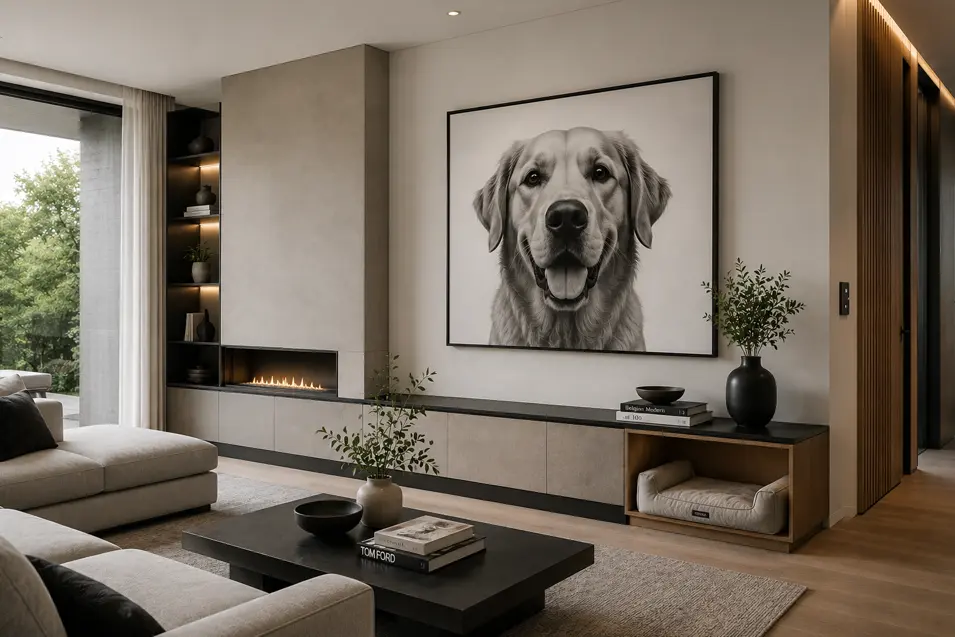 Modern living room with neutral furnishings, linear fireplace, built-in pet nook, large windows, and oversized black-and-white dog portrait viewed from an angle.