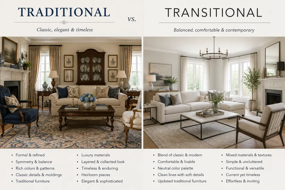 Side-by-side living room comparison: Traditional style with ornate furnishings, rich wood and classic details vs Transitional style with clean lines and modern comfort.