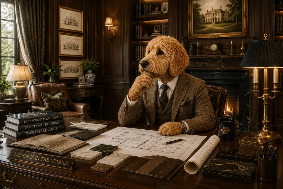 Well-dressed doodle interior designer in a luxurious traditional study, reviewing blueprints at a mahogany desk surrounded by rich wood paneling.