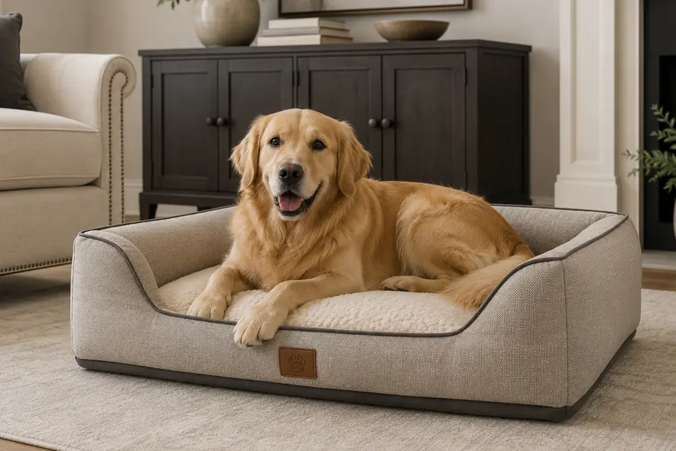 Elegant transitional dog bed with plush neutral upholstery and clean lines, featuring a happy Golden Retriever in a bright, sophisticated living room.