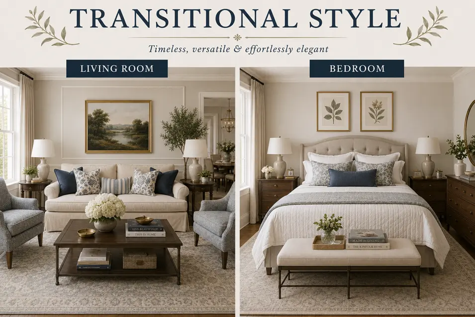 Transitional style interior showcase featuring a sophisticated living room and bedroom with clean lines, neutral tones, classic details and modern comfort.