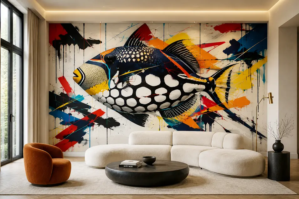 Photorealistic luxury living room with a dramatic wall-sized abstract triggerfish mural, curved ivory seating, warm wood floors, and gallery-inspired modern design.