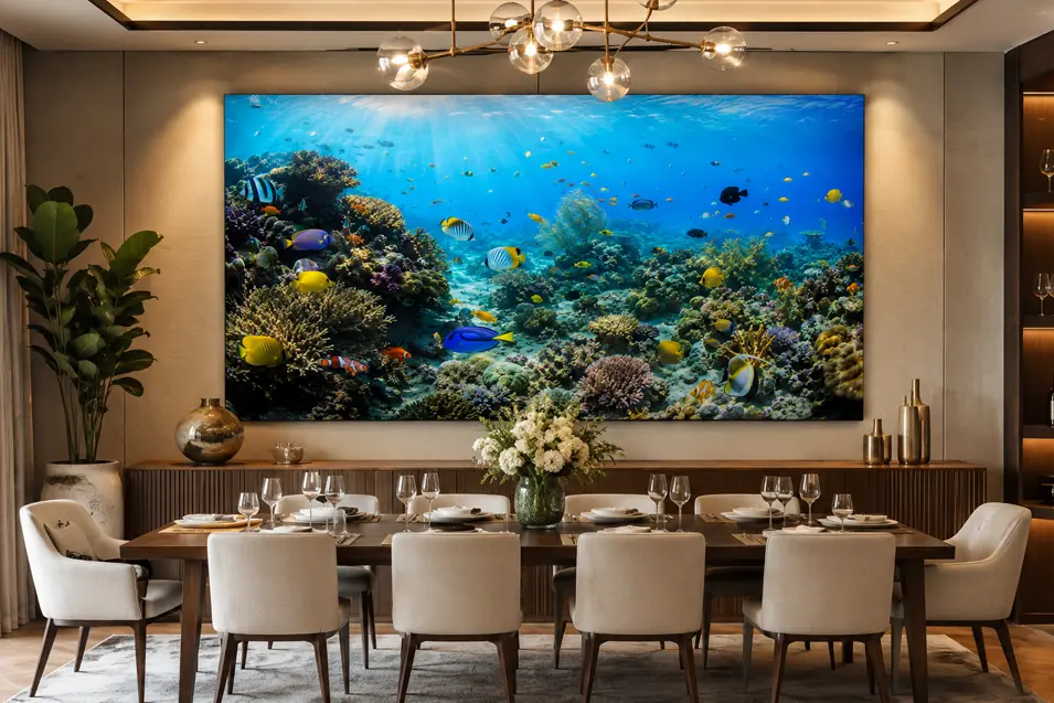 Luxury modern dining room featuring a dramatic six-foot panoramic coral reef canvas with vibrant tropical fish, warm lighting, and elegant contemporary décor.