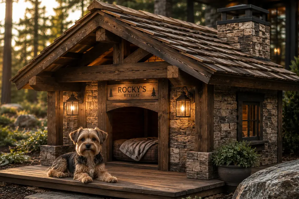 Rustic luxury cabin dog house with timber beams, stone chimney, warm lantern lighting, and a covered porch, featuring an adorable Yorkshire Terrier.