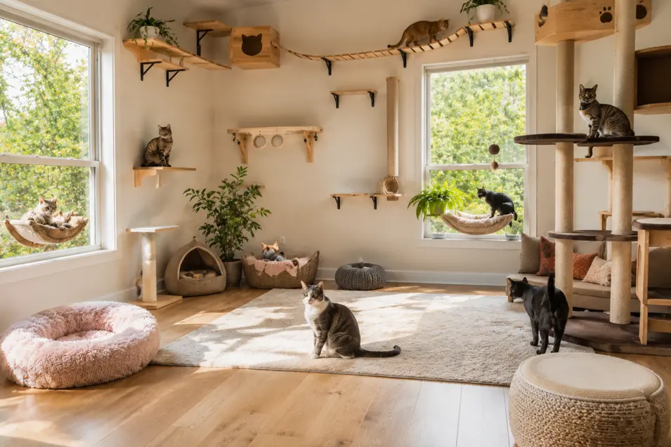 Dedicated cat room with wall-mounted shelves, climbing bridges, cat trees, cozy beds, and multiple cats exploring in bright natural sunlight.