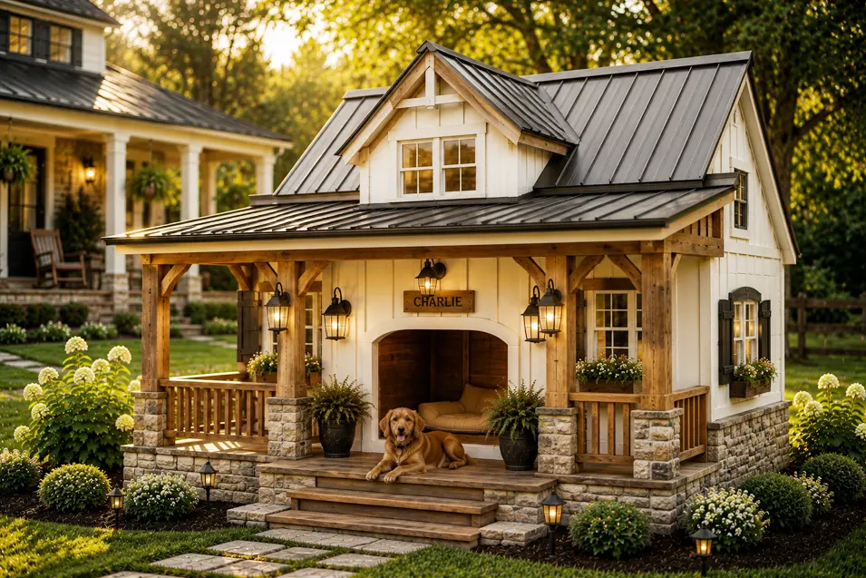 Charming farmhouse dog house with a relaxed dog, wraparound porch, timber beams, stone accents, and warm country elegance at golden hour.