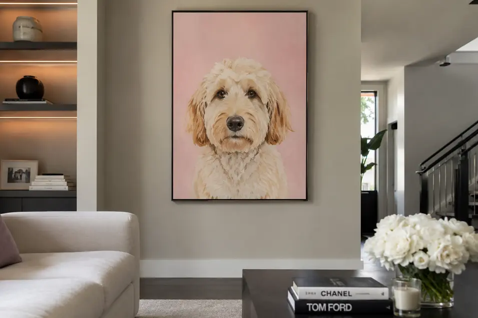 Luxury contemporary living room featuring a large pastel dog portrait, styled with elegant décor, soft neutral tones and photorealistic, magazine-quality design.
