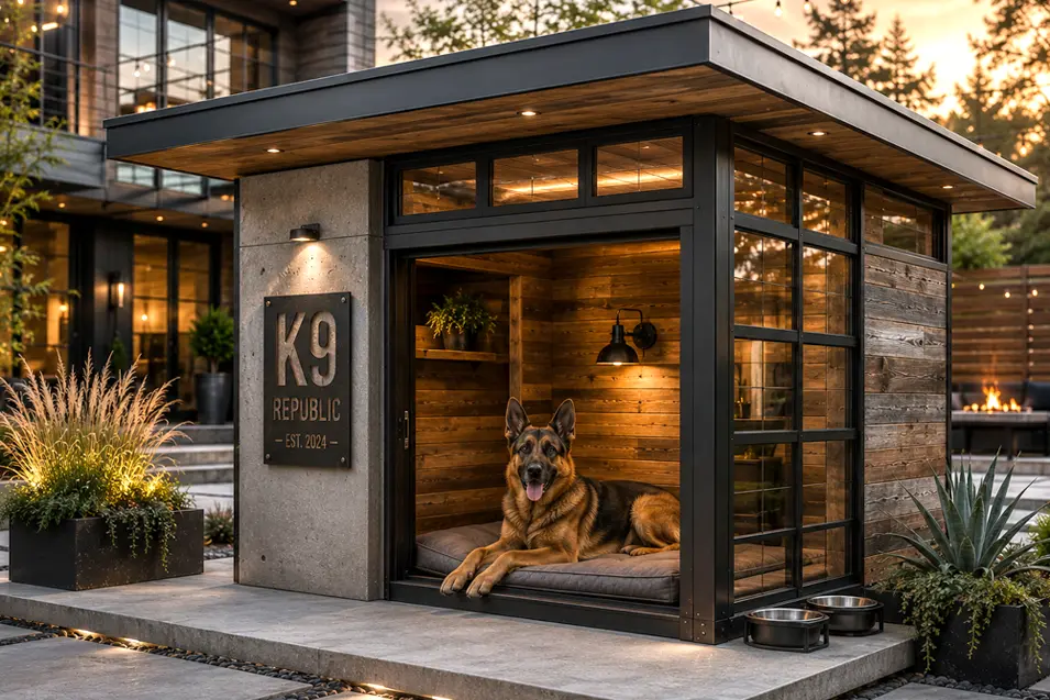 Luxury industrial concrete, steel and wood dog house with floor-to-ceiling glass, featuring a majestic German Shepherd in a modern designer backyard.