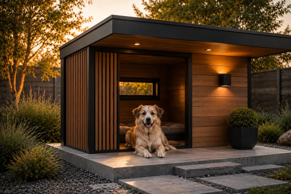 Modern luxury dog house with sleek black framing, warm cedar accents, ambient lighting, and a spacious interior, featuring a happy dog at golden hour.