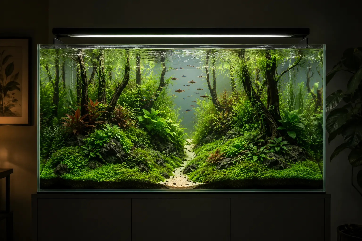 A lush planted aquarium mimics an underwater forest, with vibrant greenery, driftwood, and fish creating a living, ever-evolving work of art.