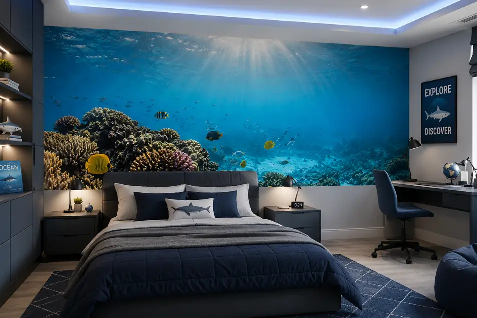 Modern boys' bedroom with sleek blue décor, featuring a stunning floor-to-ceiling tropical underwater reef mural that creates a calm, ocean-inspired retreat.