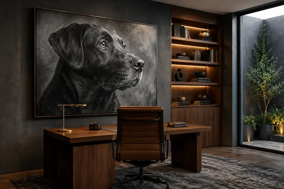 Moody modern office with a walnut desk, illuminated walnut shelving, a charcoal dog portrait, and a chair facing the artwork.