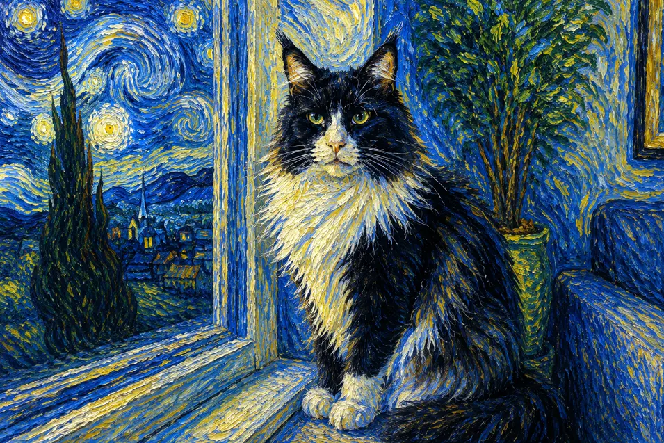 A majestic black-and-white cat reimagined in Van Gogh's style with swirling brushstrokes, bold blues and yellows, rich impasto texture, and expressive artistic energy.