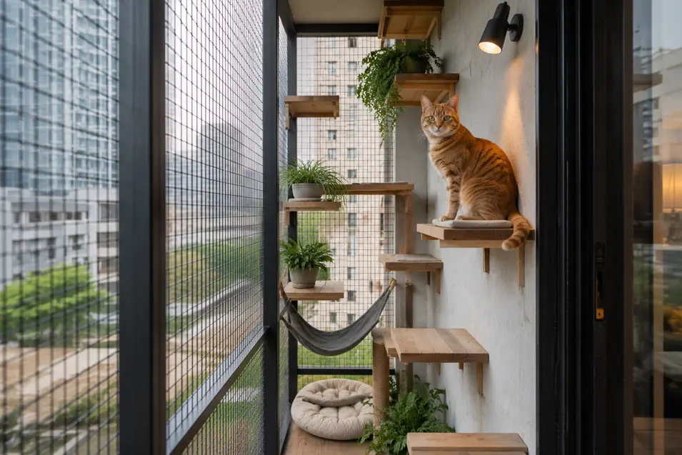 Orange cat perched on an elevated shelf in a narrow vertical catio, featuring climbing platforms, a hammock, and city views from a secure condo balcony.