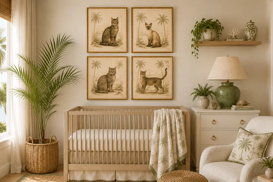 Palm Beach style nursery with four vintage cat illustrations above a light wood crib, tropical accents, woven textures, and soft neutral furnishings.