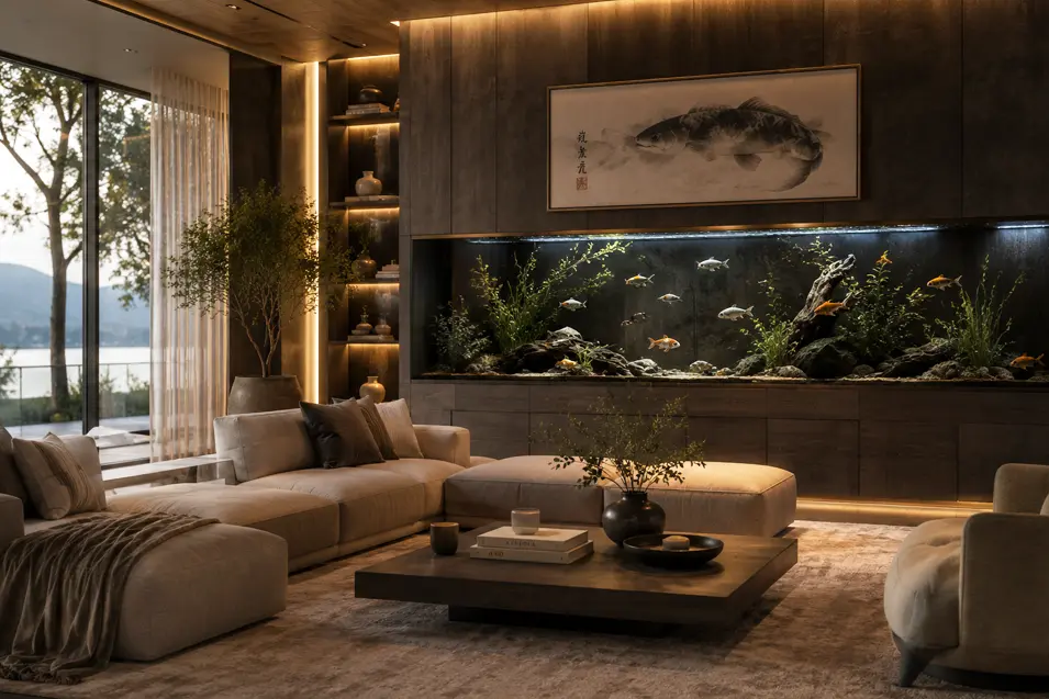Luxury living room with built-in wall aquarium, fish artwork, warm wood paneling, ambient lighting, plush seating and high-end modern interior design.