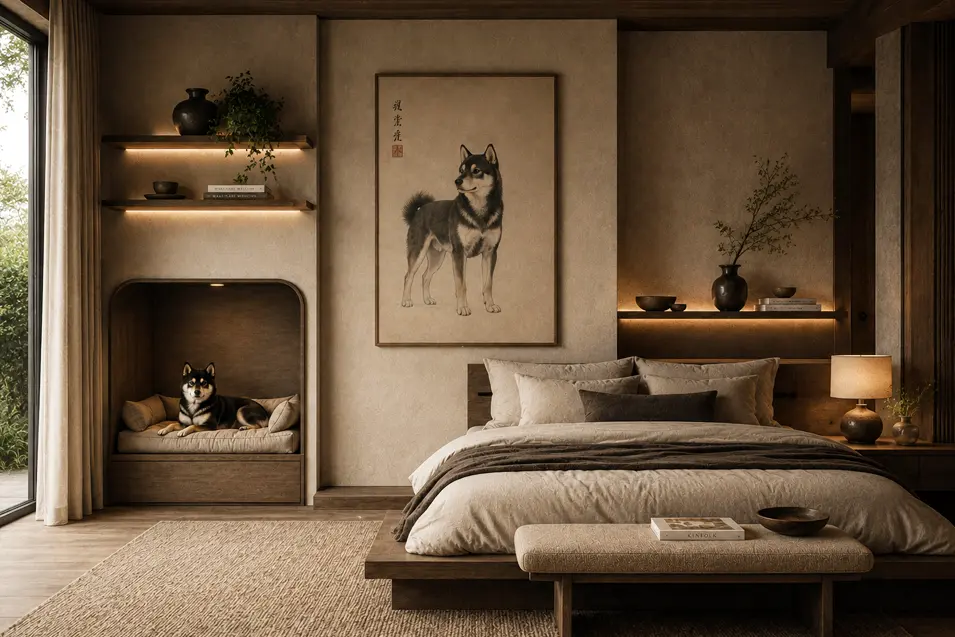Luxury Wabi-Sabi bedroom with built-in dog bed, Shiba Inu wall art, warm wood accents, layered neutral bedding, soft lighting and Japanese-inspired design.