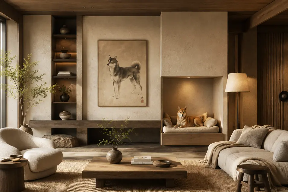 Luxury Wabi-Sabi living room with built-in dog bed, Shiba Inu portrait art, warm wood finishes, textured walls, organic furniture and Japanese-inspired design.