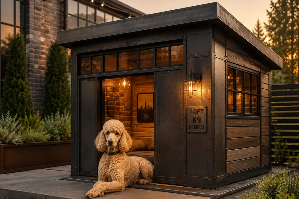 Luxury industrial dog house with steel, wood, and black metal finishes, warmly lit at sunset, featuring a stylish Standard Poodle in a designer backyard.