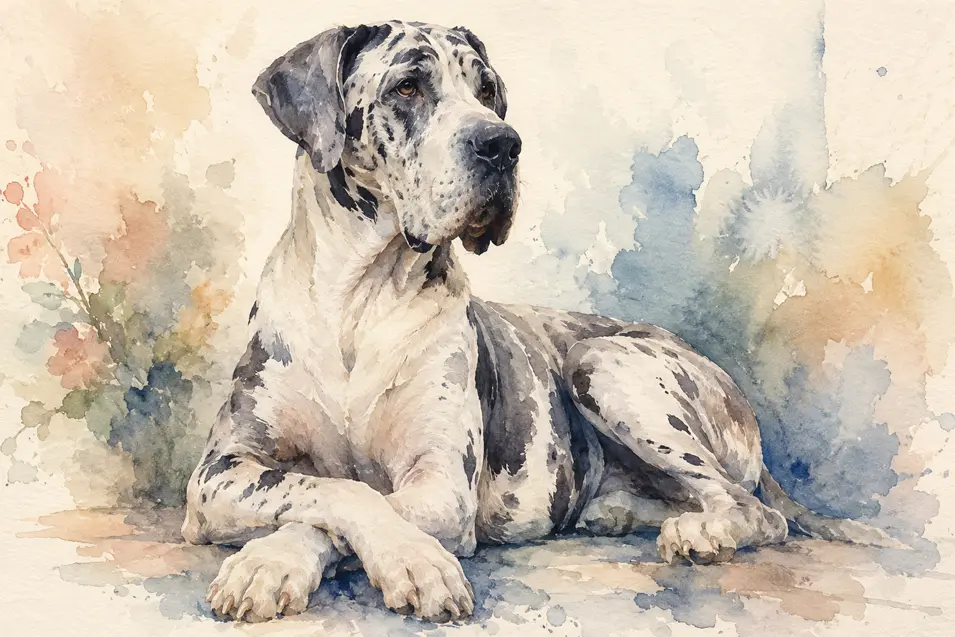 Delicate watercolor of a Great Dane with soft pastel tones, flowing brushstrokes, textured paper, and elegant fine art styling.