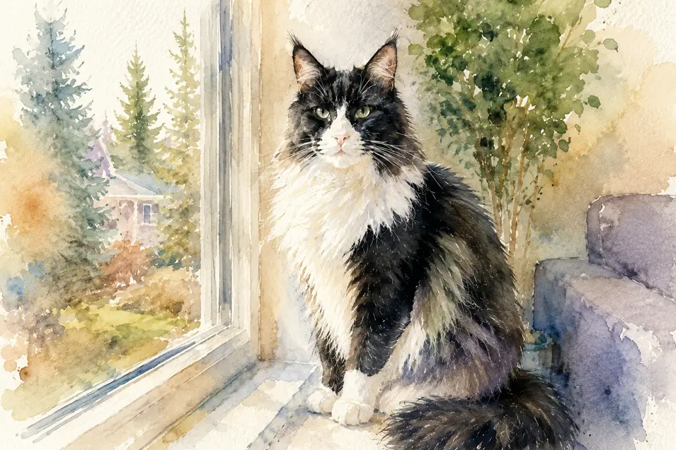 A fluffy black-and-white Maine Coon sits by a sunlit window, gazing confidently at the camera with striking green eyes and a luxurious flowing coat.