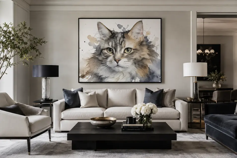Elegant contemporary living room with luxury neutral furnishings and a large watercolor cat portrait as a striking statement piece above the sofa.