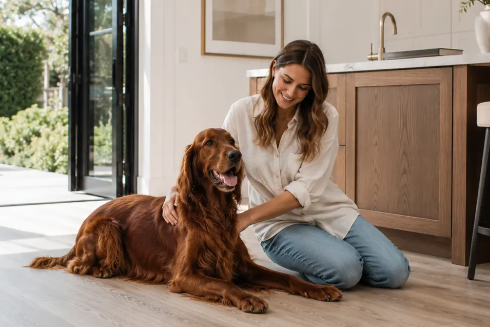 Stylish woman kneeling beside an Irish Setter on waterproof flooring in a bright minimalist kitchen, showcasing a modern pet-friendly home with durable, easy-to-clean surfaces and contemporary design.