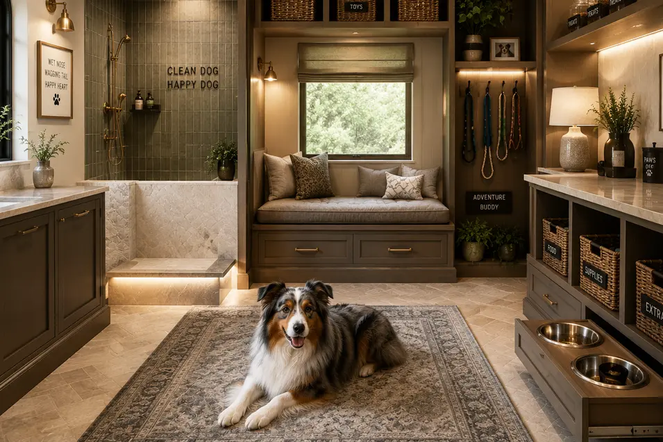 Luxury dog room featuring custom built-in cabinetry, a spa-style dog wash station, organized storage for leashes and supplies, a cozy window seat, elevated feeding station, and an Australian Shepherd relaxing on a decorative rug.