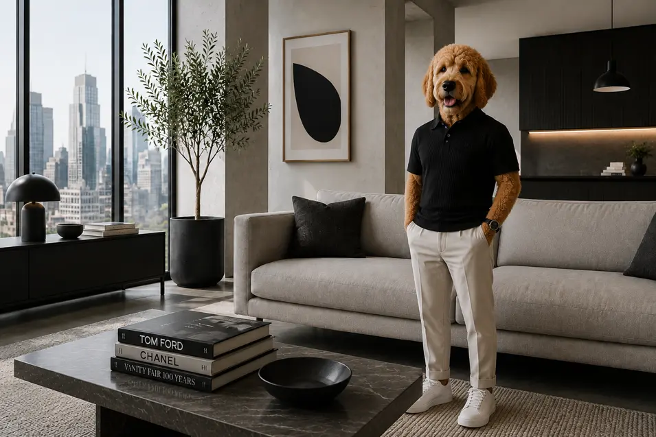 Stylish anthropomorphic goldendoodle standing confidently in a modern luxury living room with city views, minimalist décor, and contemporary furnishings.