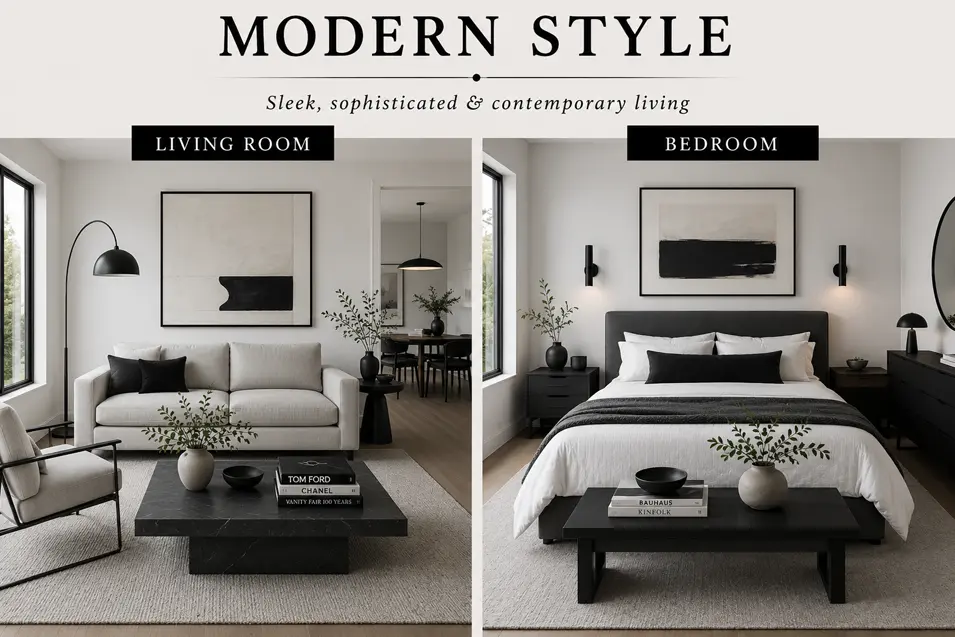Modern Style infographic featuring a living room and bedroom with clean lines, neutral tones, black accents, and contemporary furnishings.