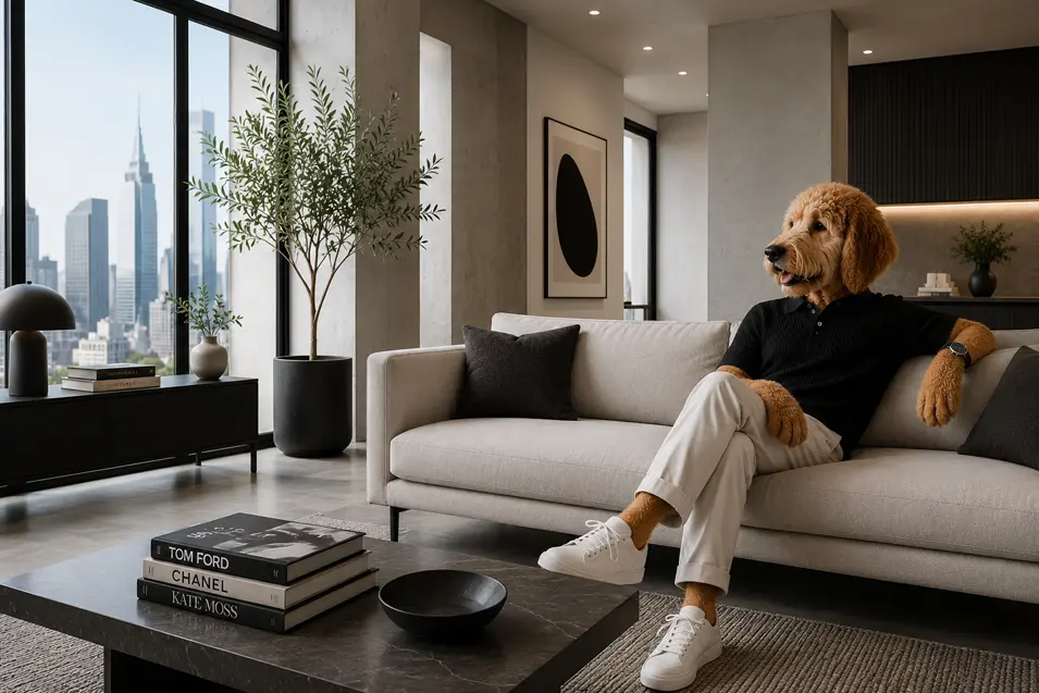 Fashionable anthropomorphic dog in a black polo, white pants, and sneakers relaxing on a sofa in a luxurious modern living room with city views.