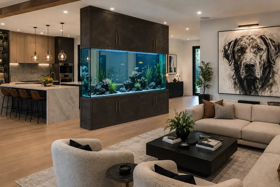 Modern open-concept kitchen and living room divided by a built-in aquarium wall with maintenance cabinets and a large dog portrait.