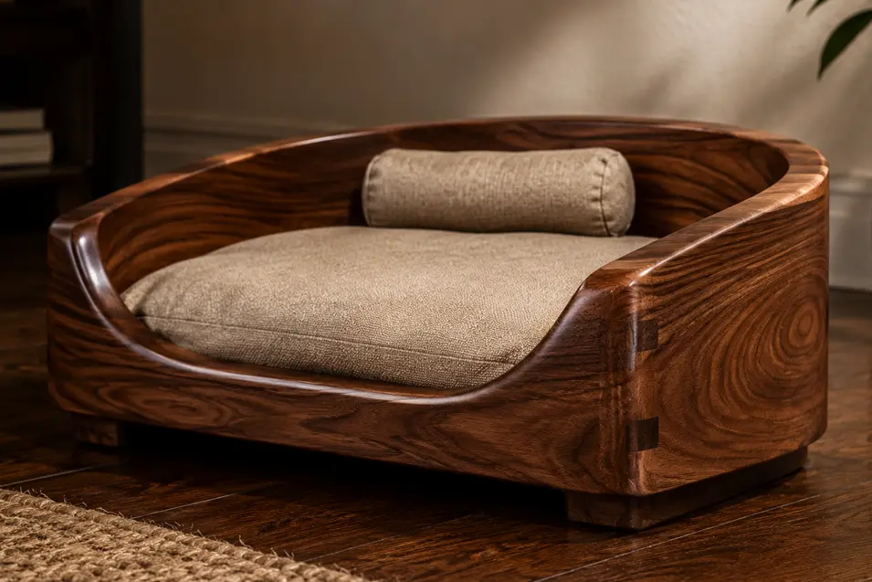 Luxury handcrafted walnut dog bed for a small dog, showcasing rich natural grain, flawless finish, sculpted curves, and premium craftsmanship in warm ambient light.