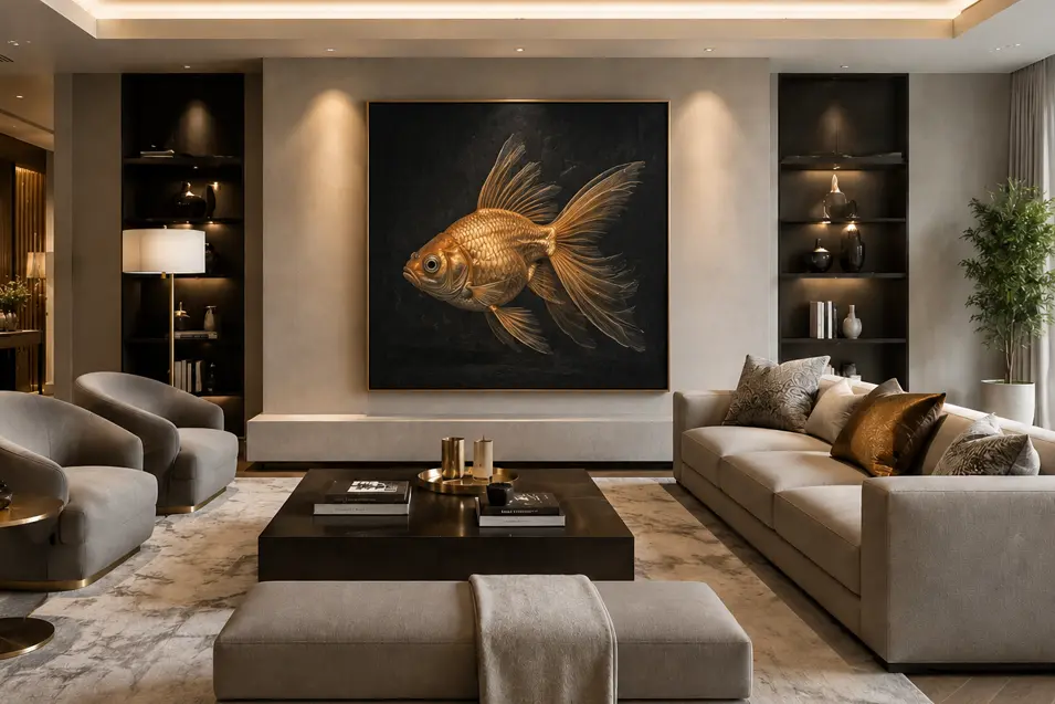 Elegant modern living room with neutral tones, a large goldfish artwork as the focal point, custom shelving, plush seating, and warm ambient lighting.